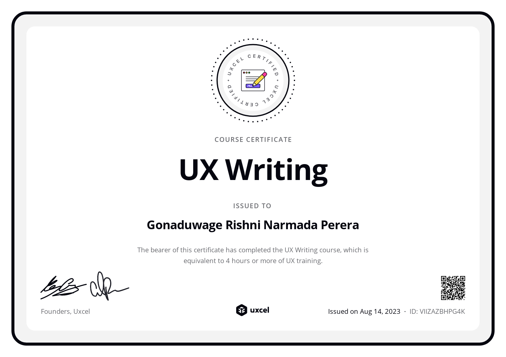 Gonaduwage Rishni Narmada Perera's certificate